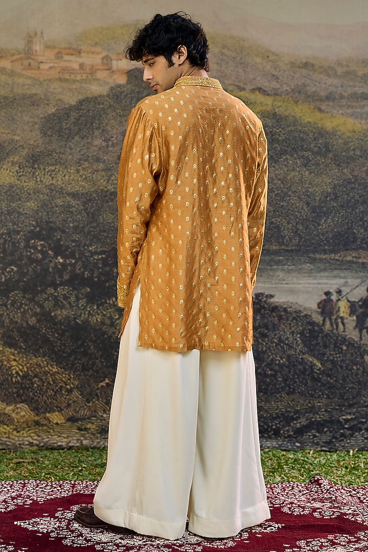 Mustard Brocade Machine Embroidered Kurta Set by ITRH Men at Pernia's Pop Up Shop