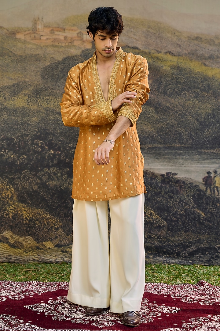 Mustard Brocade Machine Embroidered Kurta Set by ITRH Men at Pernia's Pop Up Shop