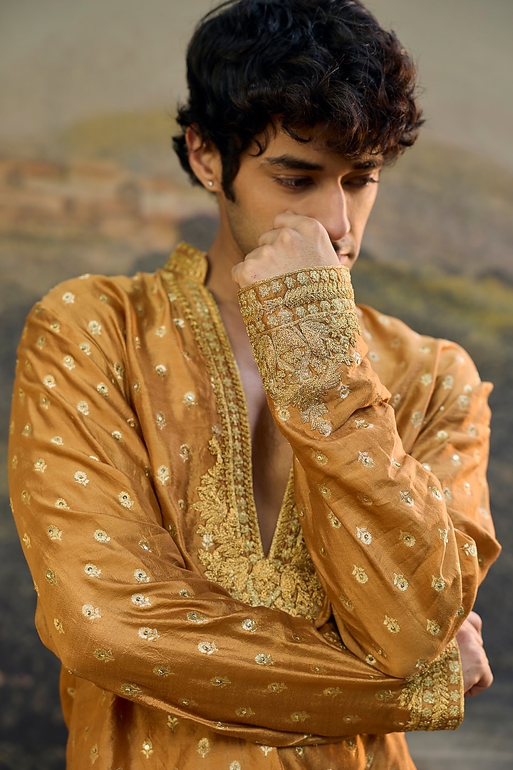 Mustard Brocade Machine Embroidered Kurta Set by ITRH Men at Pernia's Pop Up Shop