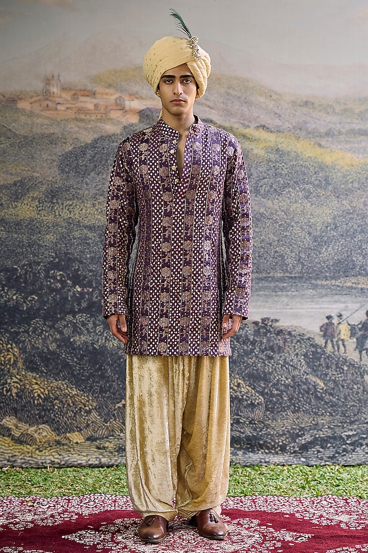 Purple Brocade Silk Embroidered Kurta Set by ITRH Men at Pernia's Pop Up Shop