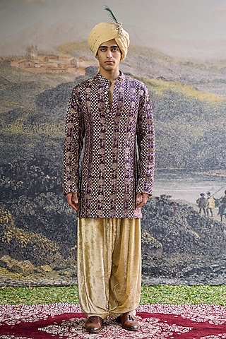 Purple Brocade Silk Embroidered Kurta Set by ITRH Men