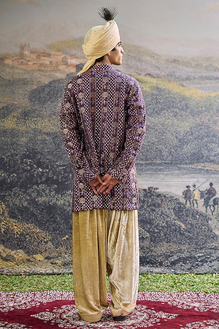 Purple Brocade Silk Embroidered Kurta Set by ITRH Men at Pernia's Pop Up Shop