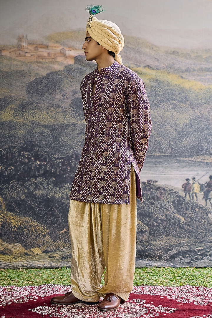 Purple Brocade Silk Embroidered Kurta Set by ITRH Men at Pernia's Pop Up Shop