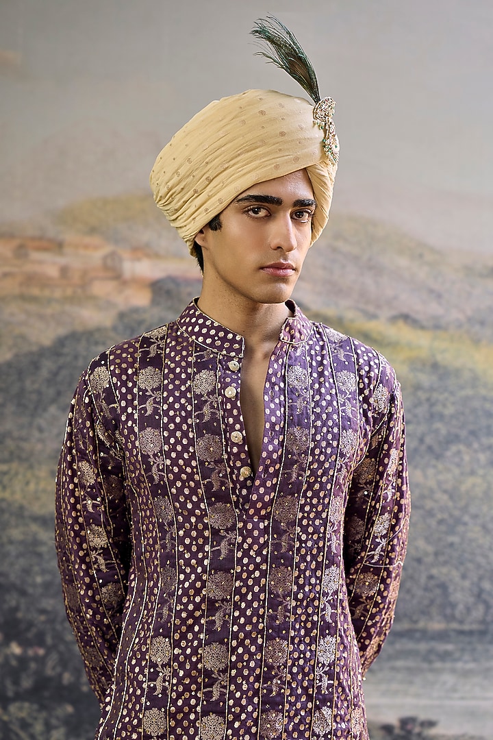 Purple Brocade Silk Embroidered Kurta Set by ITRH Men at Pernia's Pop Up Shop