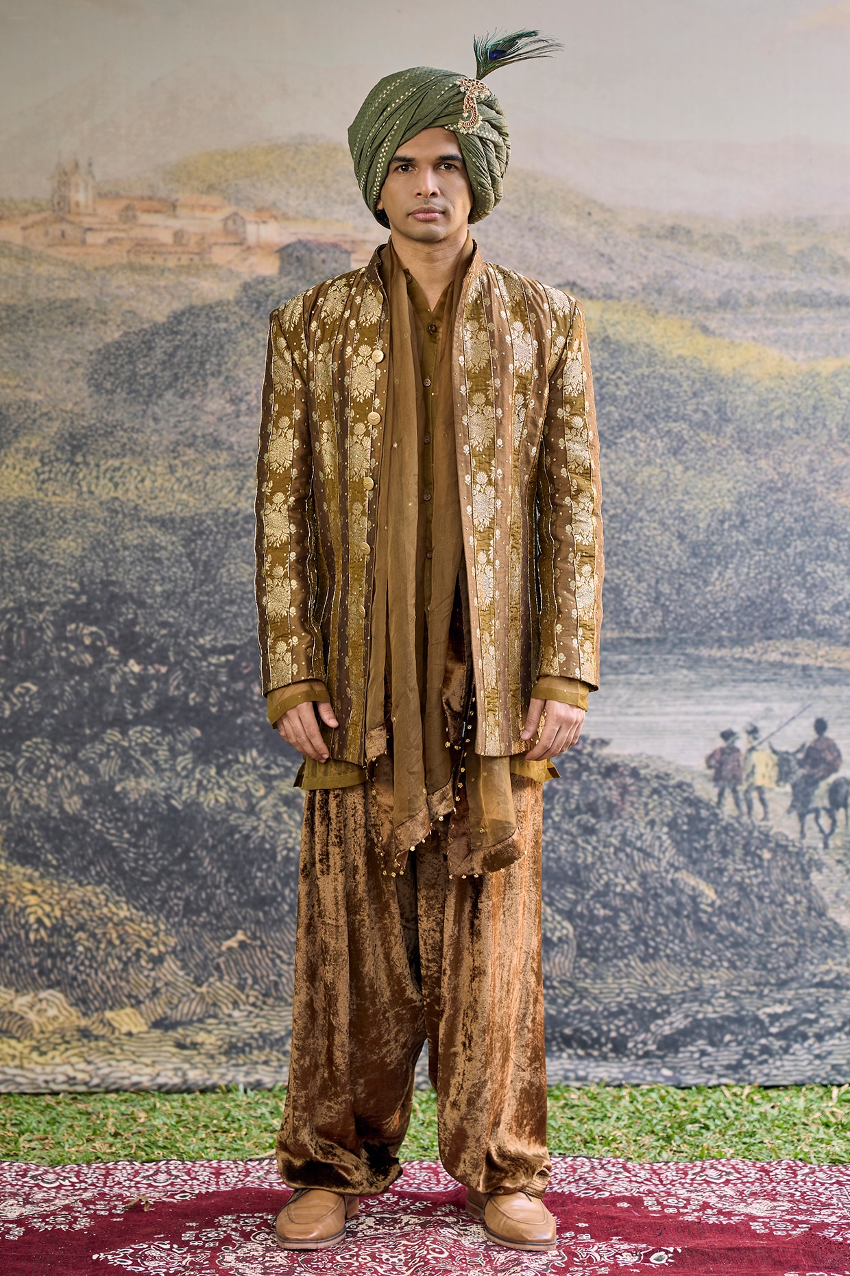 ITRH Olive Brown Brocade Handwork Open Jacket Set