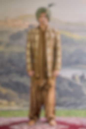 Olive Brown Brocade Handwork Open Jacket Set by ITRH Men at Pernia's Pop Up Shop