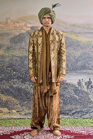 Olive Brown Brocade Handwork Open Jacket Set by ITRH Men