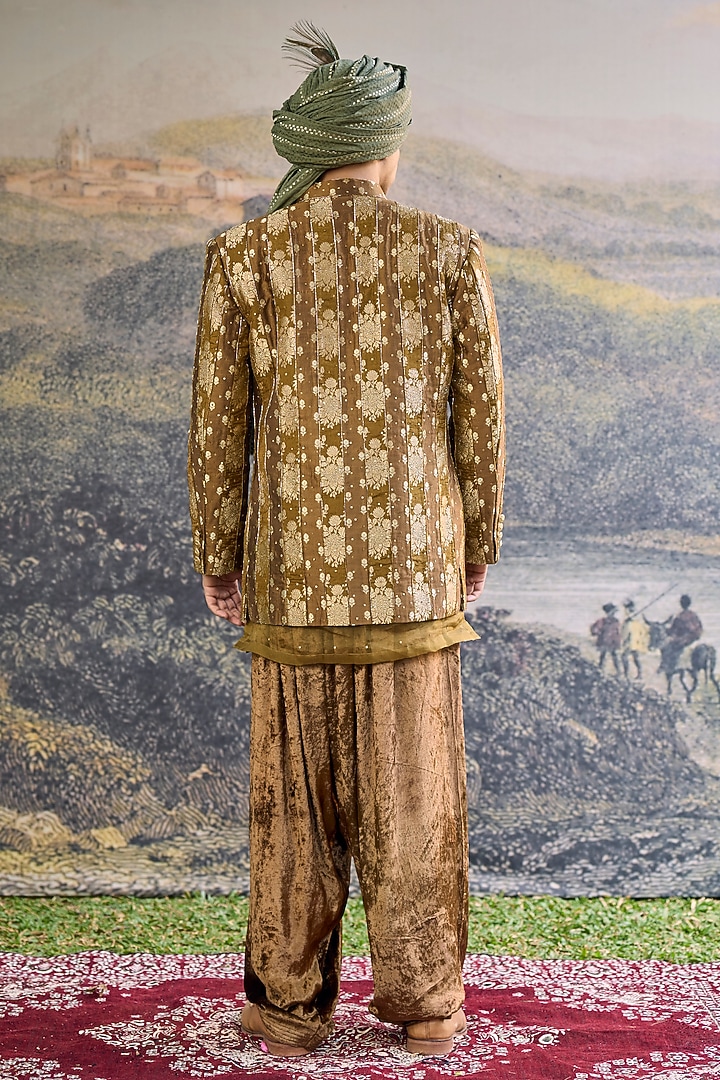 Olive Brown Brocade Handwork Open Jacket Set by ITRH Men at Pernia's Pop Up Shop