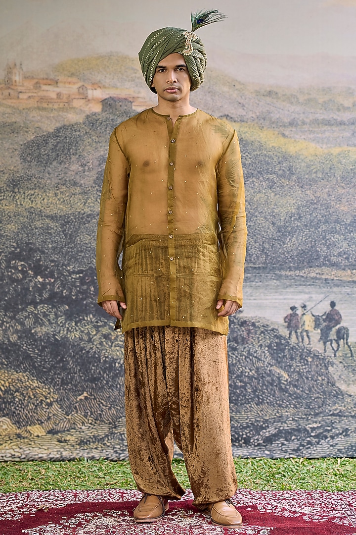 Olive Brown Brocade Handwork Open Jacket Set by ITRH Men at Pernia's Pop Up Shop
