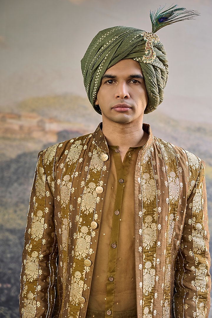 Olive Brown Brocade Handwork Open Jacket Set by ITRH Men at Pernia's Pop Up Shop