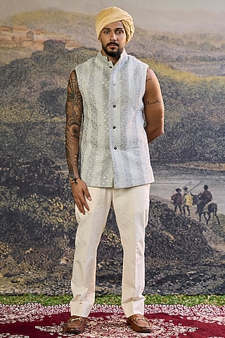 Steel Grey Chikankari Handwork Bundi Jacket Set by ITRH Men