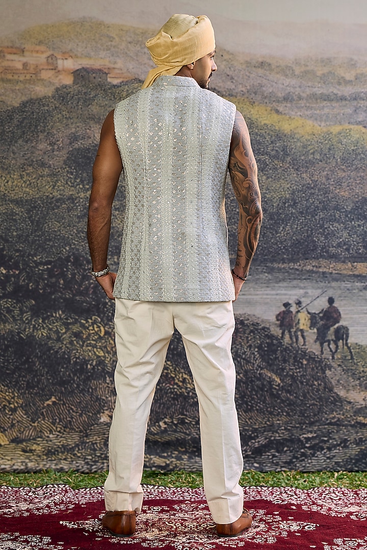Steel Grey Chikankari Handwork Bundi Jacket Set by ITRH Men at Pernia's Pop Up Shop
