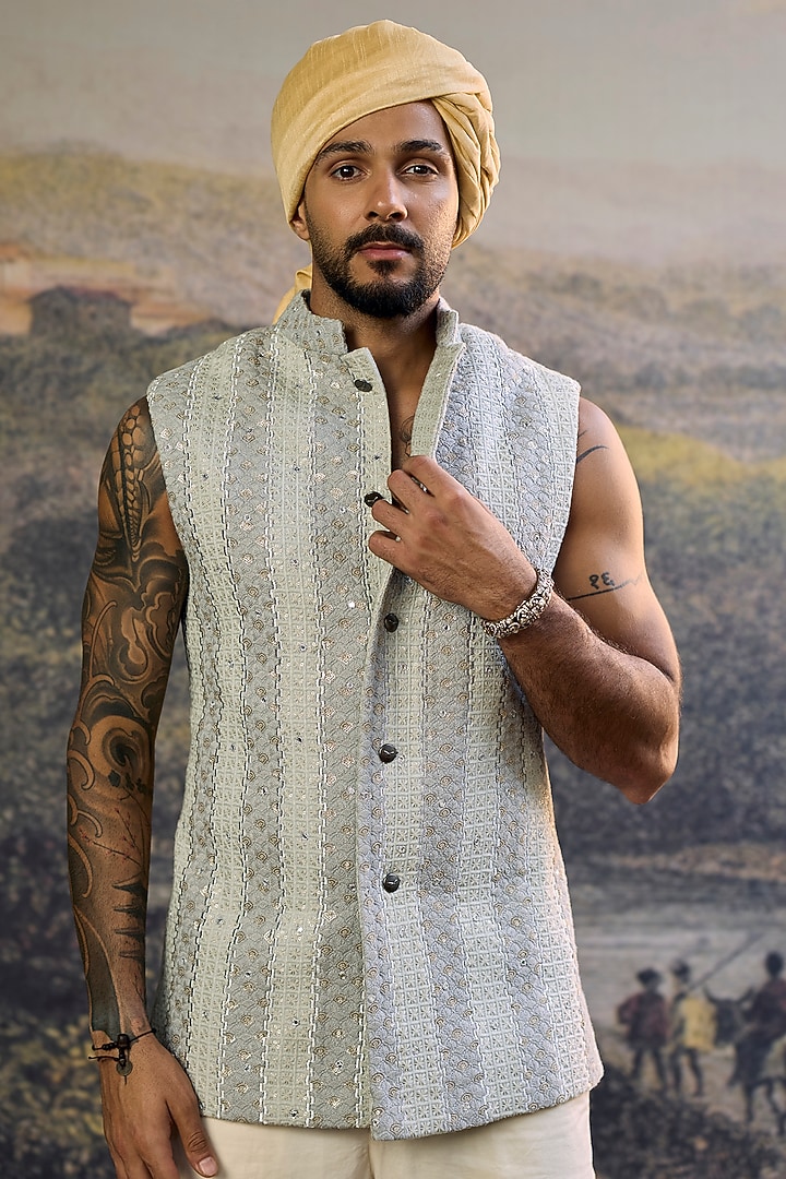 Steel Grey Chikankari Handwork Bundi Jacket Set by ITRH Men at Pernia's Pop Up Shop
