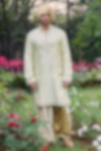Beige Chanderi Mirror Work Kurta Set by ITRH Men at Pernia's Pop Up Shop
