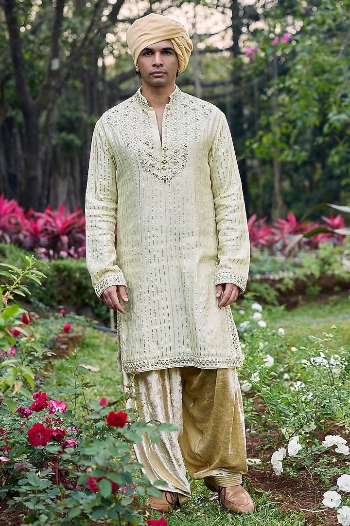 Beige Chanderi Mirror Work Kurta Set by ITRH Men at Pernia's Pop Up Shop