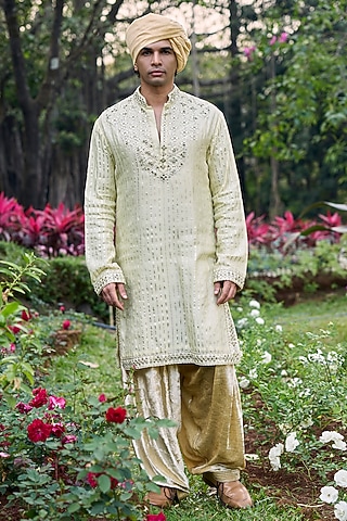 Beige Chanderi Mirror Work Kurta Set by ITRH Men