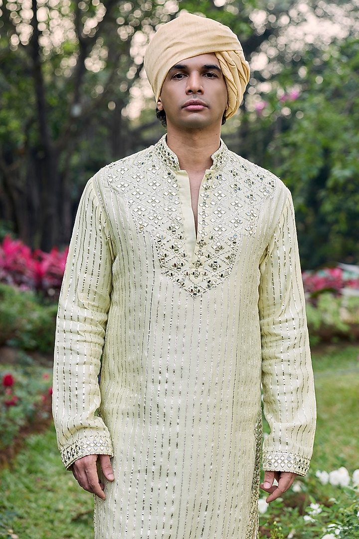 Beige Chanderi Mirror Work Kurta Set by ITRH Men at Pernia's Pop Up Shop