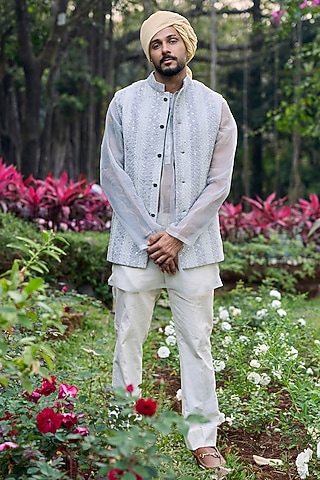 Steel Grey Chikankari Handwork Bundi Jacket Set by ITRH Men