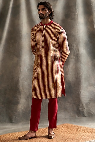 Red Lampi Striped Kurta Set by ITRH Men