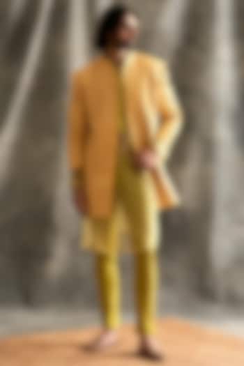 Yellow Linen Striped Indowestern Jacket Set by ITRH Men