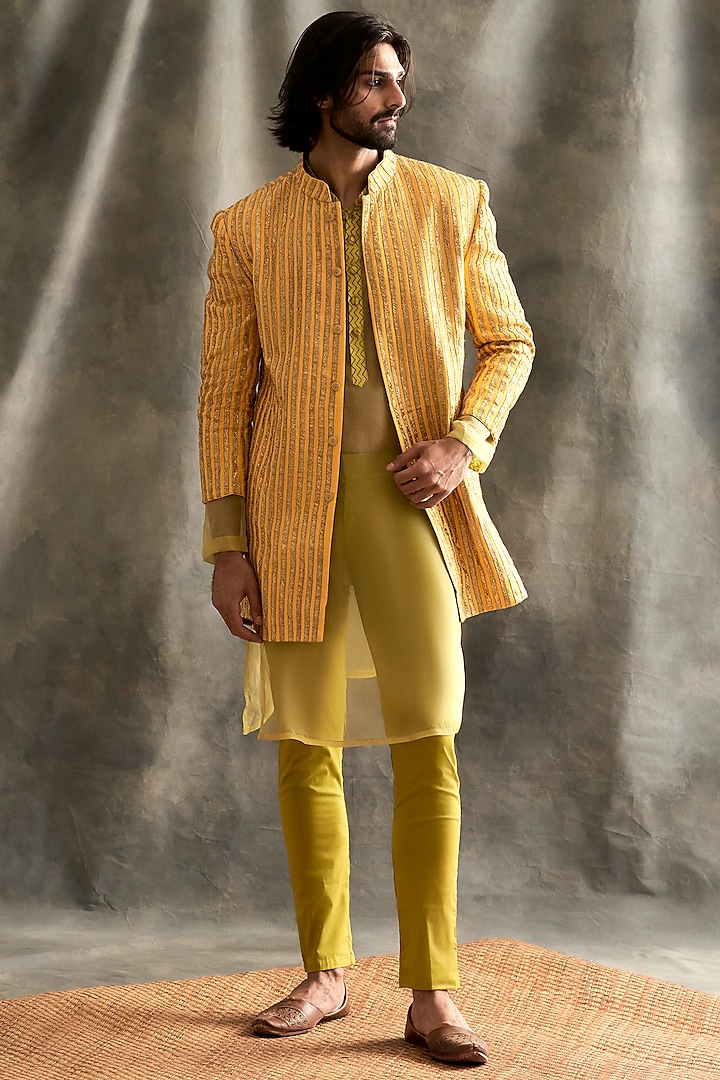 Yellow Linen Striped Indowestern Jacket Set by ITRH Men
