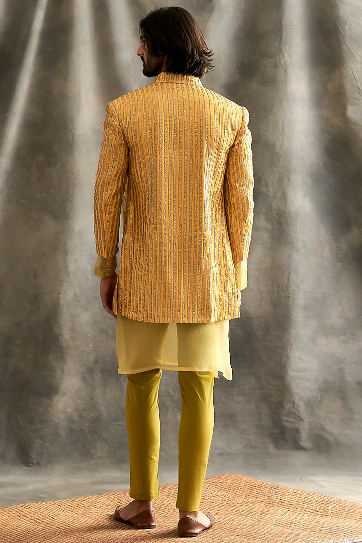 Yellow Linen Striped Wedding Indowestern Jacket Set by ITRH Men at Pernia's Pop Up Shop