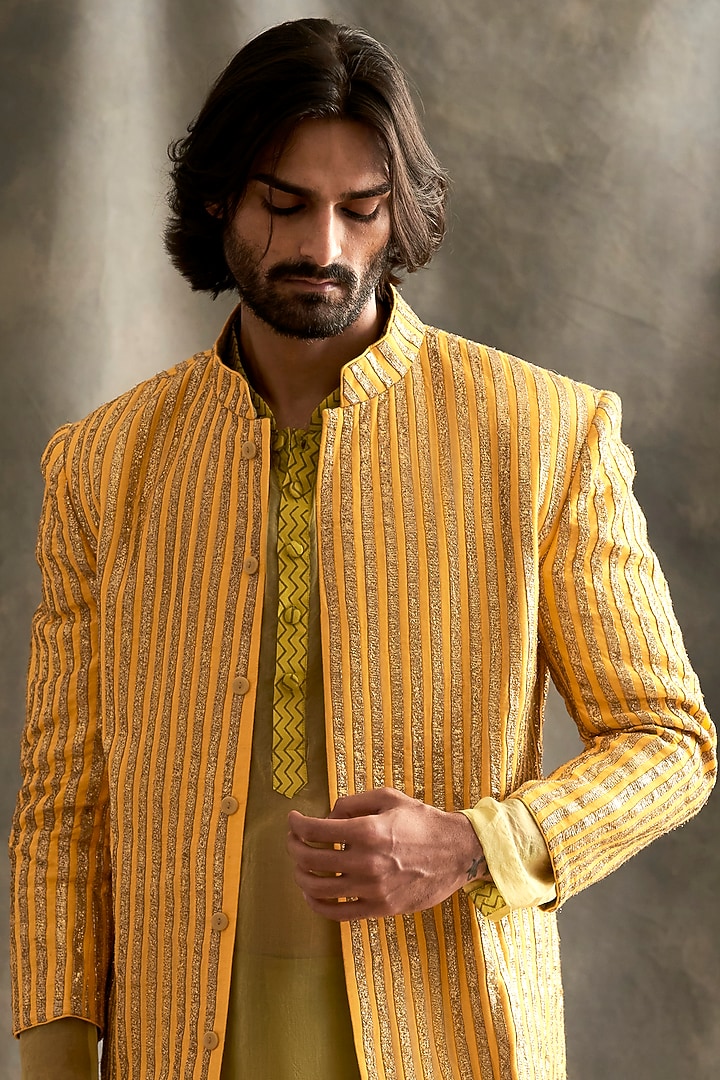 Yellow Linen Striped Wedding Indowestern Jacket Set by ITRH Men at Pernia's Pop Up Shop