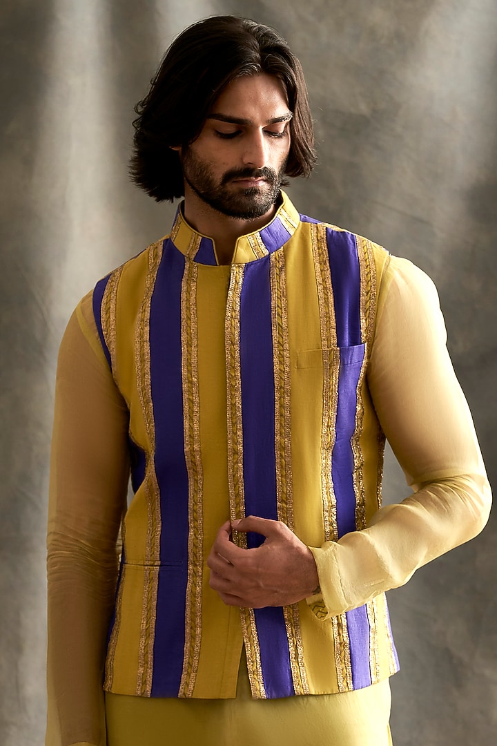 Green & Blue Linen Color-Blocked Bundi Jacket by ITRH Men at Pernia's Pop Up Shop