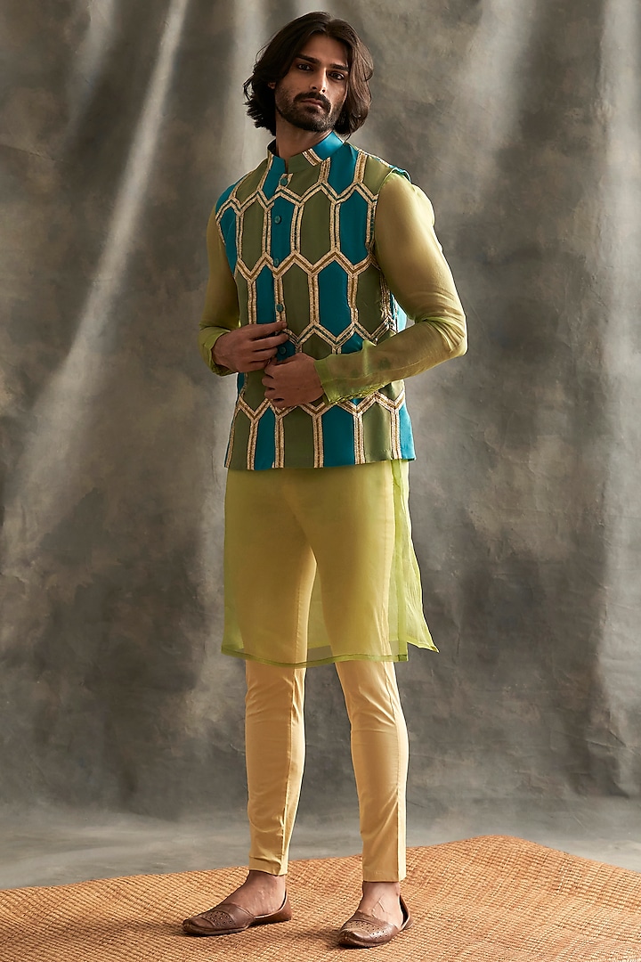 Green & Blue Embroidered Bundi Jacket by ITRH Men