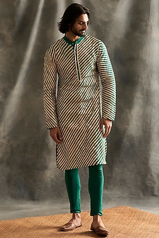 Teal Lampi Striped Kurta Set by ITRH Men