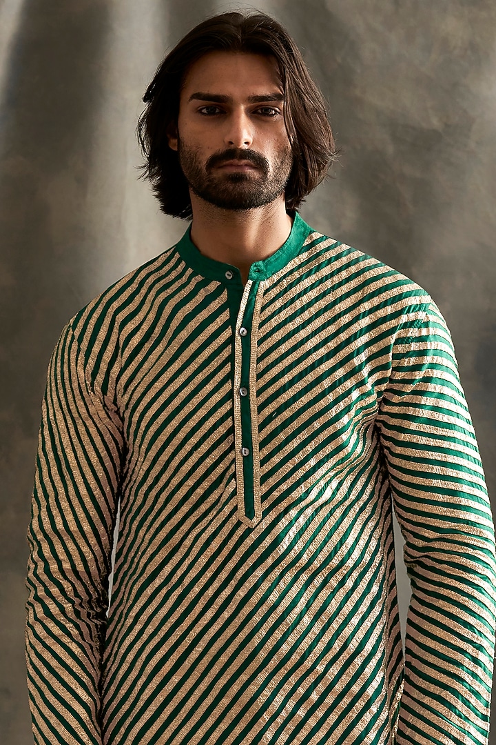 Teal Lampi Striped Kurta Set by ITRH Men at Pernia's Pop Up Shop