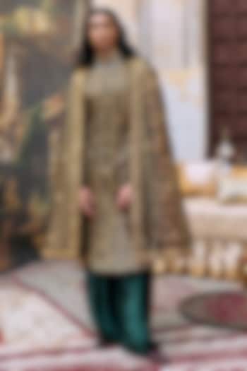 Green & Black Brocade Chanderi Embroidered Sherwani Set by ITRH Men