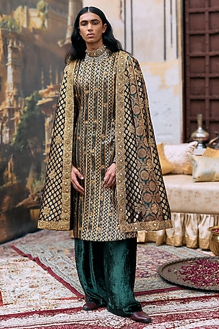 Green & Black Brocade Chanderi Embroidered Sherwani Set by ITRH Men