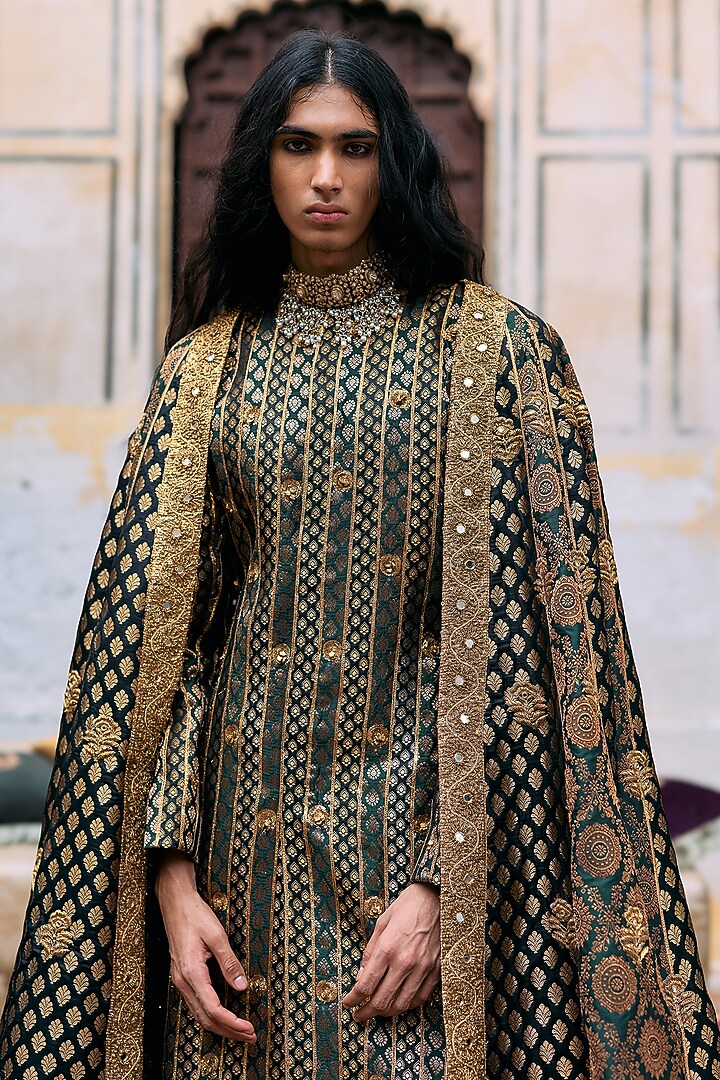 Green & Black Brocade Chanderi Embroidered Groom Sherwani Set by ITRH Men at Pernia's Pop Up Shop