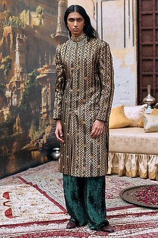 Green & Black Brocade Chanderi Embroidered Sherwani Set by ITRH Men
