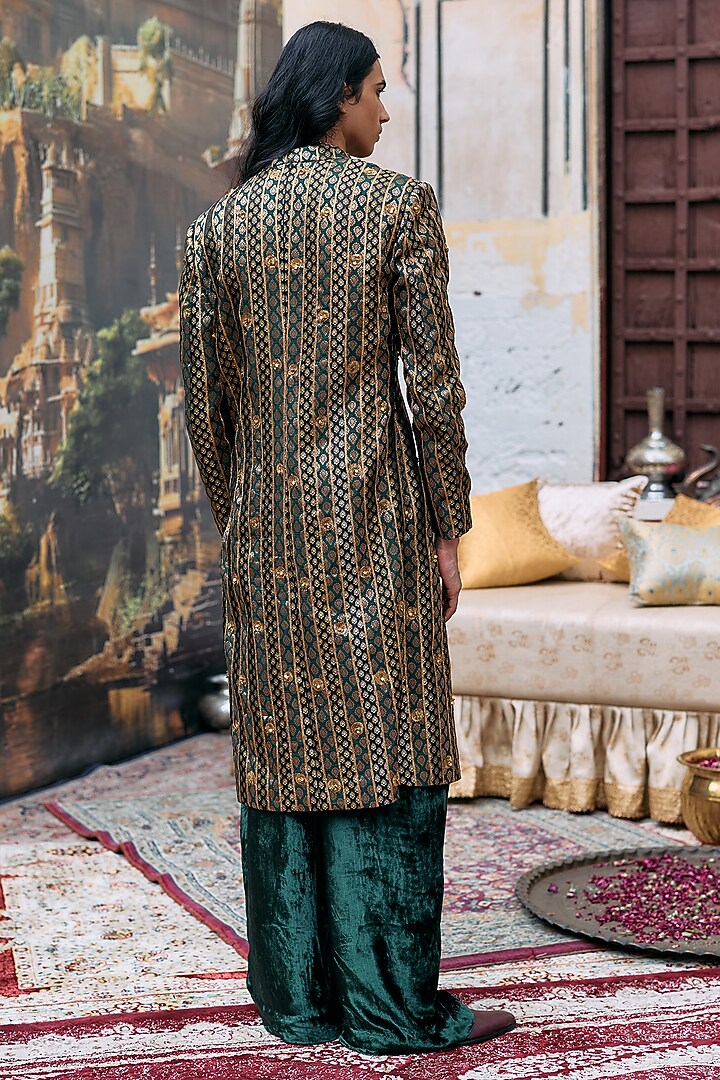 Green & Black Brocade Chanderi Embroidered Groom Sherwani Set by ITRH Men at Pernia's Pop Up Shop