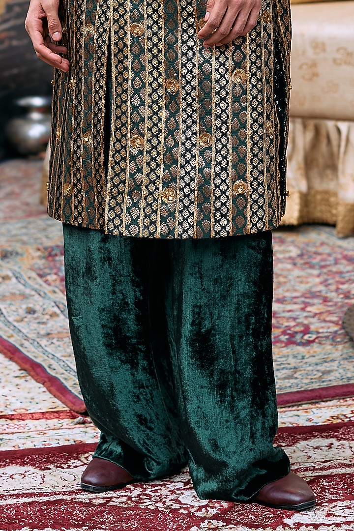 Green & Black Brocade Chanderi Embroidered Groom Sherwani Set by ITRH Men at Pernia's Pop Up Shop