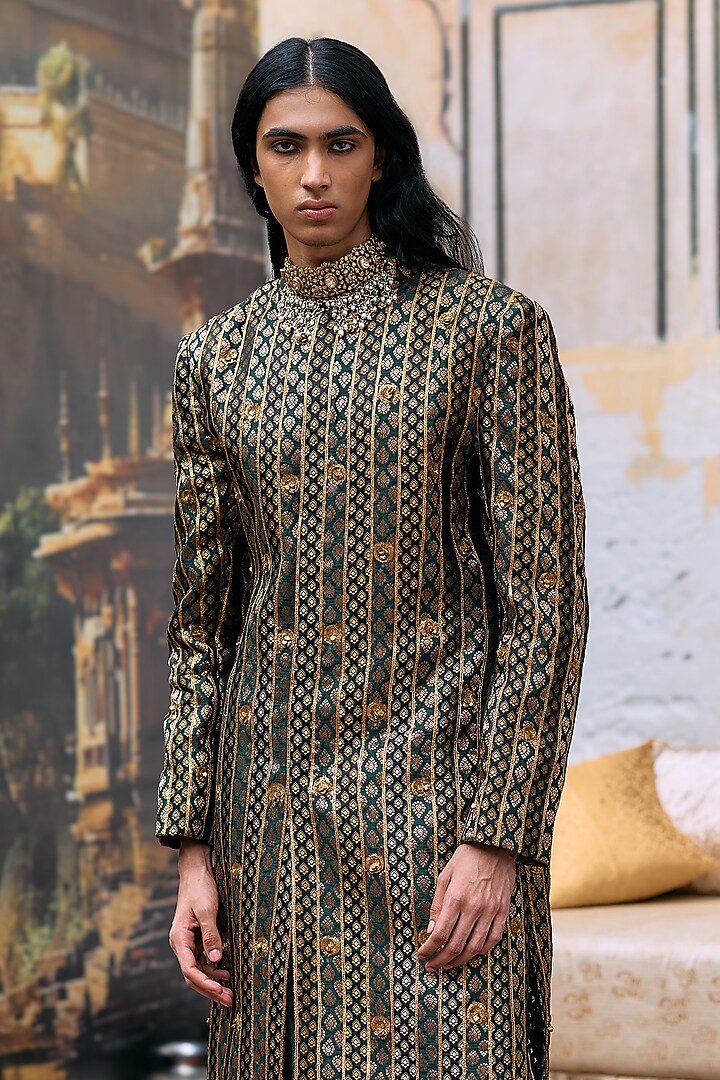Green & Black Brocade Chanderi Embroidered Groom Sherwani Set by ITRH Men at Pernia's Pop Up Shop