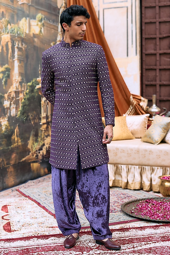 Purple Chikankari & Chanderi Brocade Embroidered Sherwani Set by ITRH Men
