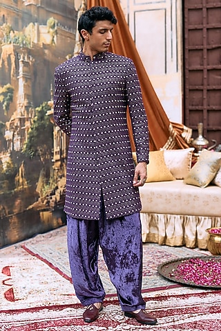 Purple Chikankari Embroidered Kurta Set by ITRH Men