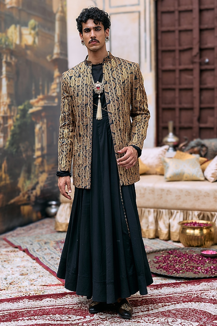 Black Brocade Jacket Set by ITRH Men