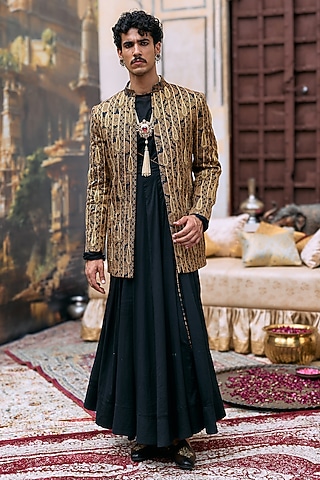 Black Brocade Jacket Set by ITRH Men
