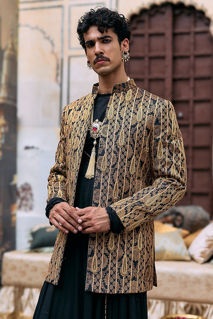 Black Brocade Jacket Set by ITRH Men at Pernia's Pop Up Shop