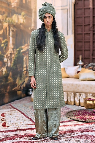Green Chanderi Brocade Chikankari Embroidered Sherwani Set by ITRH Men