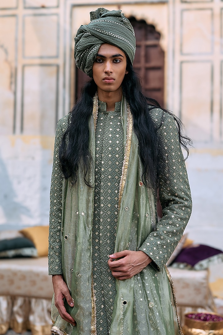Green Chanderi Brocade Chikankari Embroidered Groom Sherwani Set by ITRH Men at Pernia's Pop Up Shop