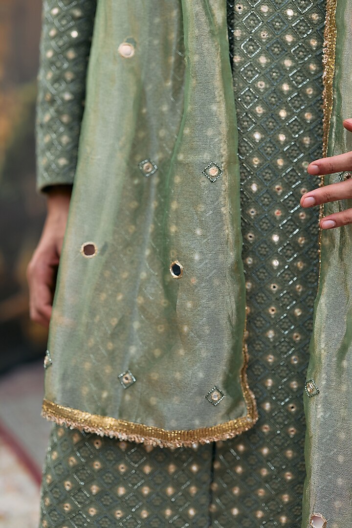 Green Chanderi Brocade Chikankari Embroidered Groom Sherwani Set by ITRH Men at Pernia's Pop Up Shop