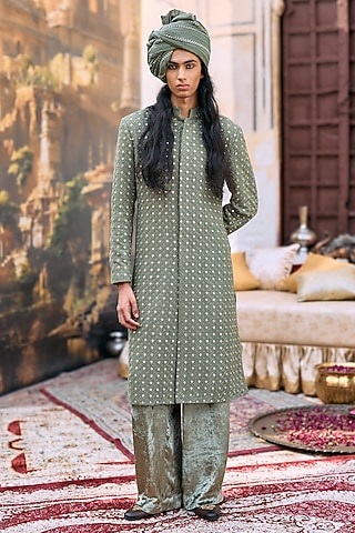 Green Chanderi Brocade Chikankari Embroidered Sherwani Set by ITRH Men