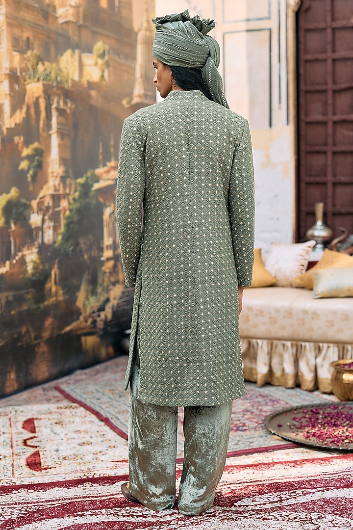 Green Chanderi Brocade Chikankari Embroidered Groom Sherwani Set by ITRH Men at Pernia's Pop Up Shop