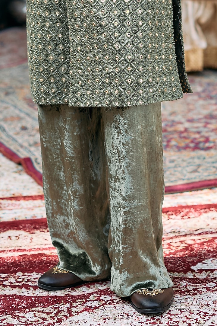 Green Chanderi Brocade Chikankari Embroidered Groom Sherwani Set by ITRH Men at Pernia's Pop Up Shop