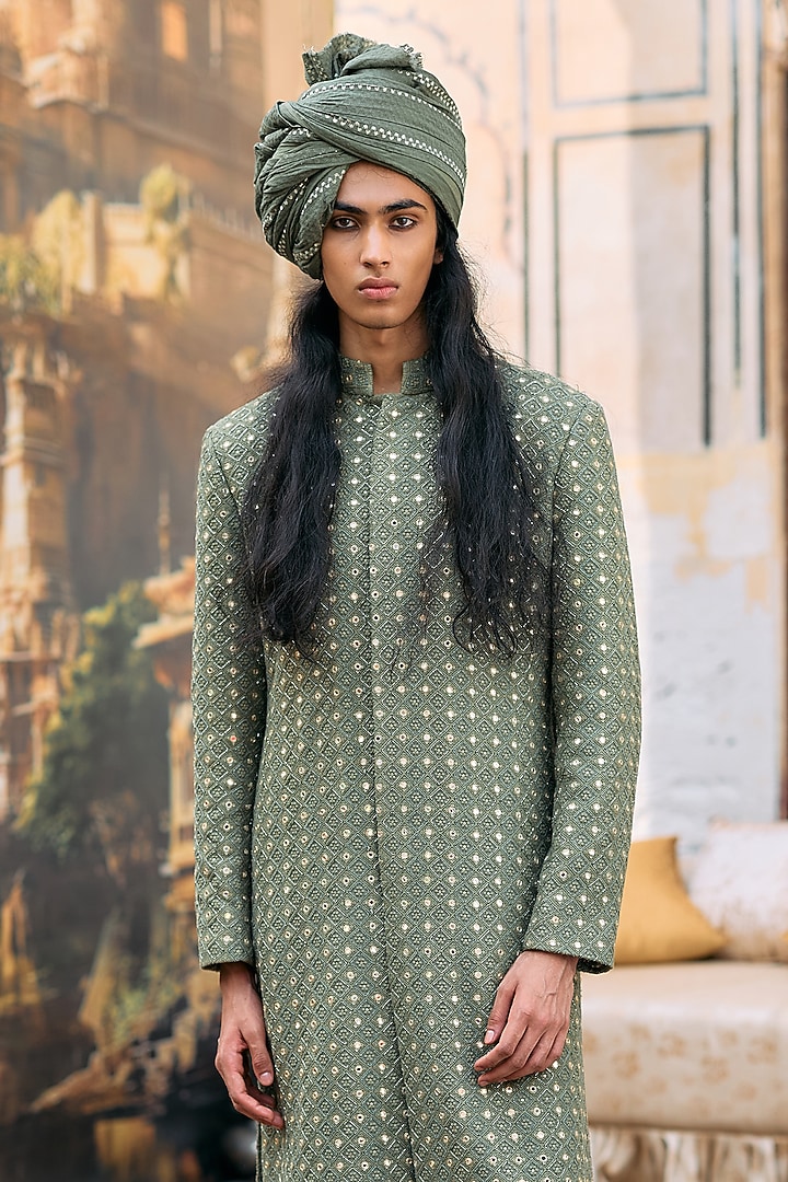Green Chanderi Brocade Chikankari Embroidered Groom Sherwani Set by ITRH Men at Pernia's Pop Up Shop